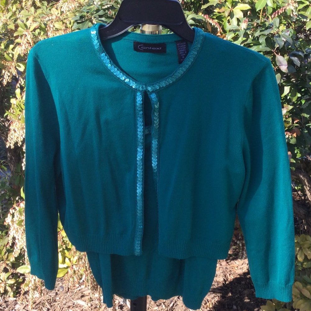 Context Green Sequins Vest-Cardigan 2PC Set